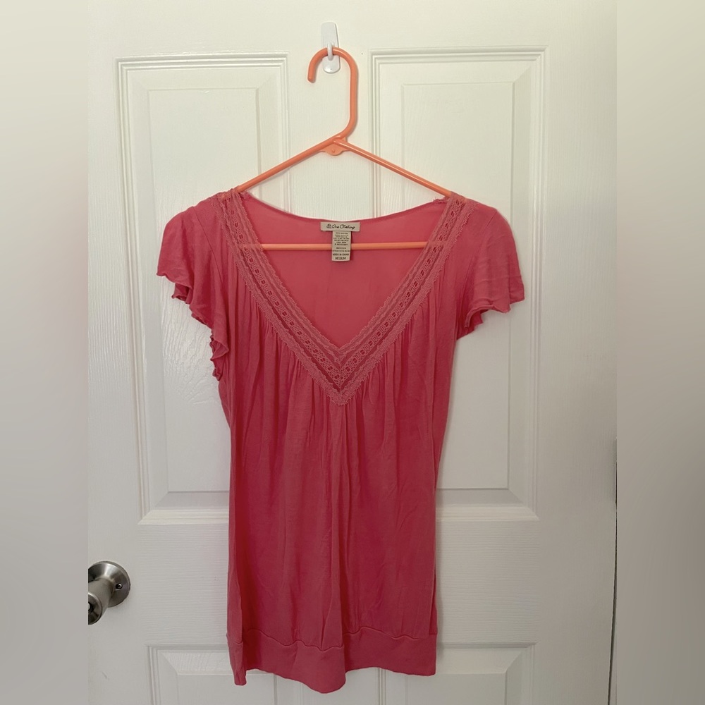 Pink V Neck Lace Shirt